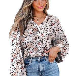 Women's Khaki Floral Print Frilled Puff Sleeve Shirt for Daily Wear - Main View