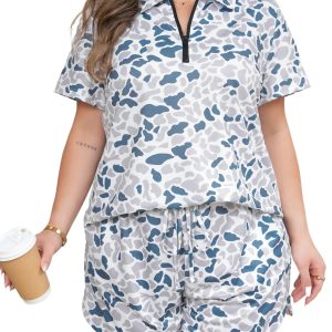 Women's Plus Size Camo Short Set – Multicolour V Neck Zip Up Tee and High Waist Shorts for Summer - Main View