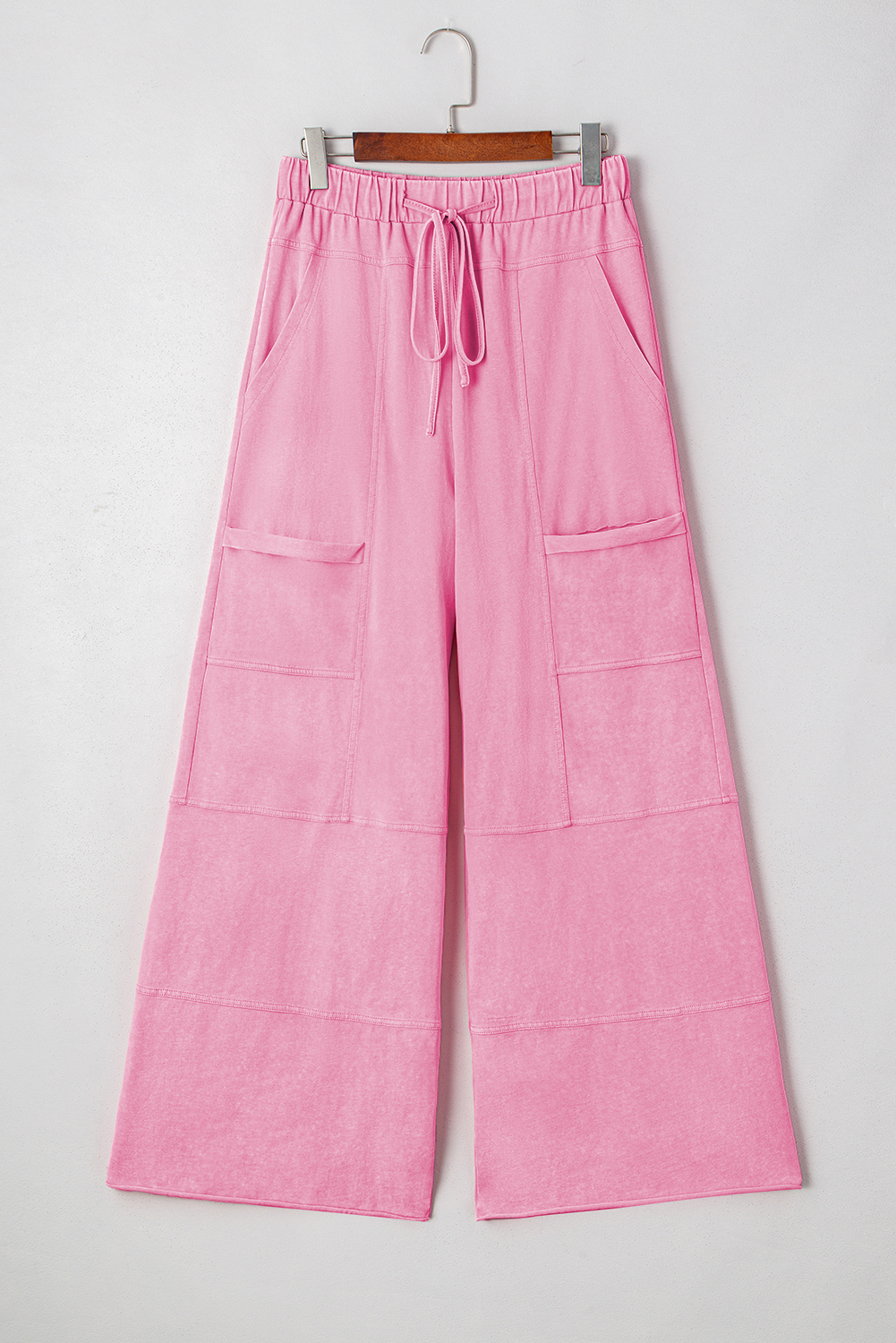 Women's Cargo Pants, Bonbon Color, Mineral Wash, High Waist, Wide Leg, Drawstring, Casual Style, Daily Wear, Exposed Seams, Functional Pockets, 100% Cotton, Spring Fashion, Comfortable Fit, Solid Color - Detail View 8 Women's Cargo Pants, Bonbon Color, Mineral Wash, High Waist, Wide Leg, Drawstring, Casual Style, Daily Wear, Exposed Seams, Functional Pockets, 100% Cotton, Spring Fashion, Comfortable Fit, Solid Color - Detail View 8