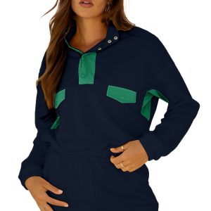 Women's Navy Blue Color Block Pullover and Shorts Set – Casual Fall Outfit for Daily Wear - Main View