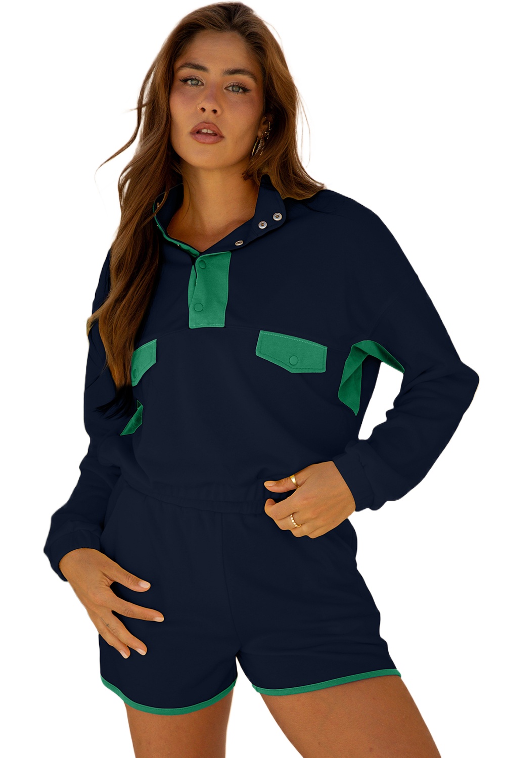 Women's Navy Blue Color Block Pullover and Shorts Set – Casual Fall Outfit for Daily Wear - Main View Women's Navy Blue Color Block Pullover and Shorts Set – Casual Fall Outfit for Daily Wear - Main View