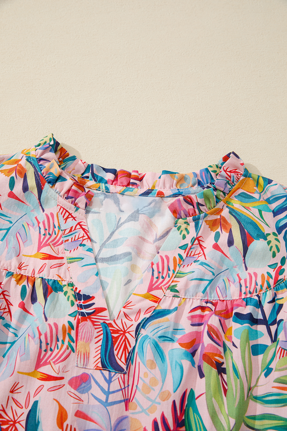 Chic Women's Floral Print Frilly Blouse – Short Sleeve Ruffled Top for Daily Wear and Travel - Detail View 6 Chic Women's Floral Print Frilly Blouse – Short Sleeve Ruffled Top for Daily Wear and Travel - Detail View 6