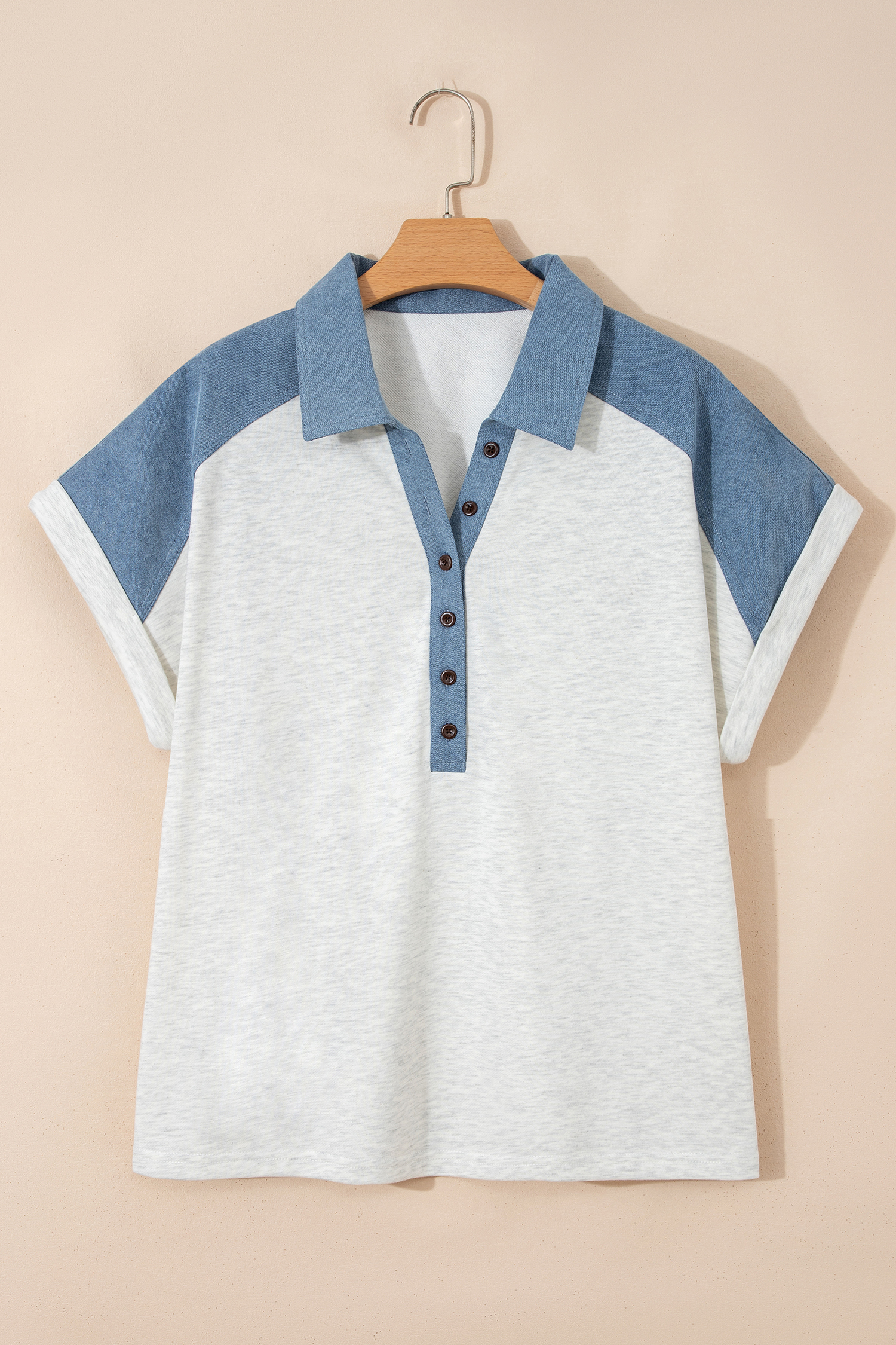Beige Plus Size Denim Patchwork Polo Tee for Women – Stylish Casual Wear for Everyday Adventures - Detail View 2 Beige Plus Size Denim Patchwork Polo Tee for Women – Stylish Casual Wear for Everyday Adventures - Detail View 2