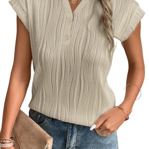 Women's Apricot Wavy Textured Button V Neck Tee – Casual Oversized Top for Daily Wear - Main View