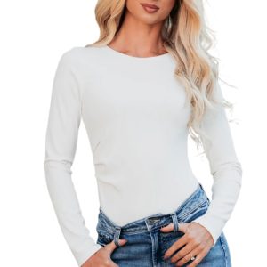 Women's White Ribbed Long Sleeve Crew Neck Bodysuit for Everyday Casual Outings - Main View