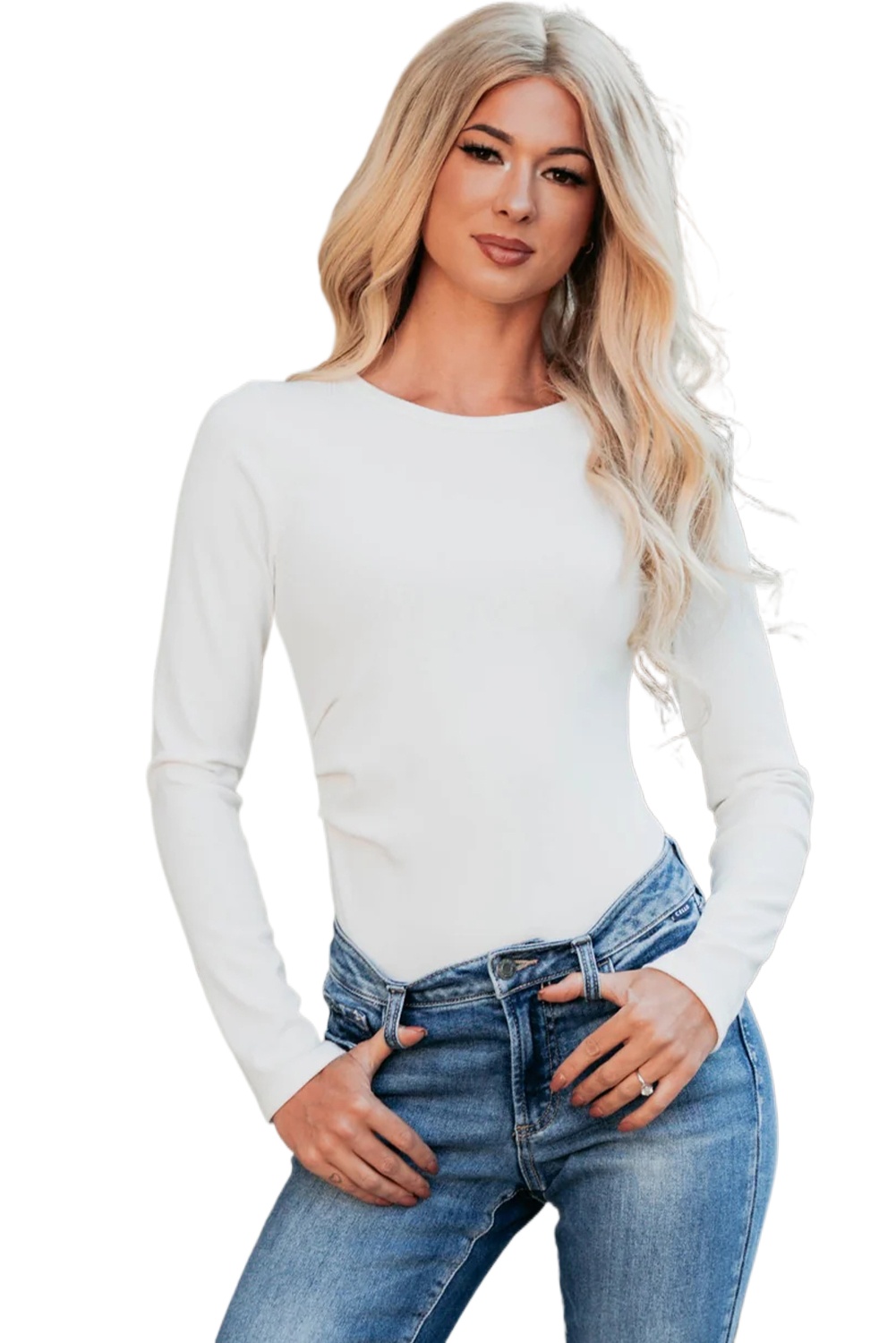 Women's White Ribbed Long Sleeve Crew Neck Bodysuit for Everyday Casual Outings - Main View Women's White Ribbed Long Sleeve Crew Neck Bodysuit for Everyday Casual Outings - Main View