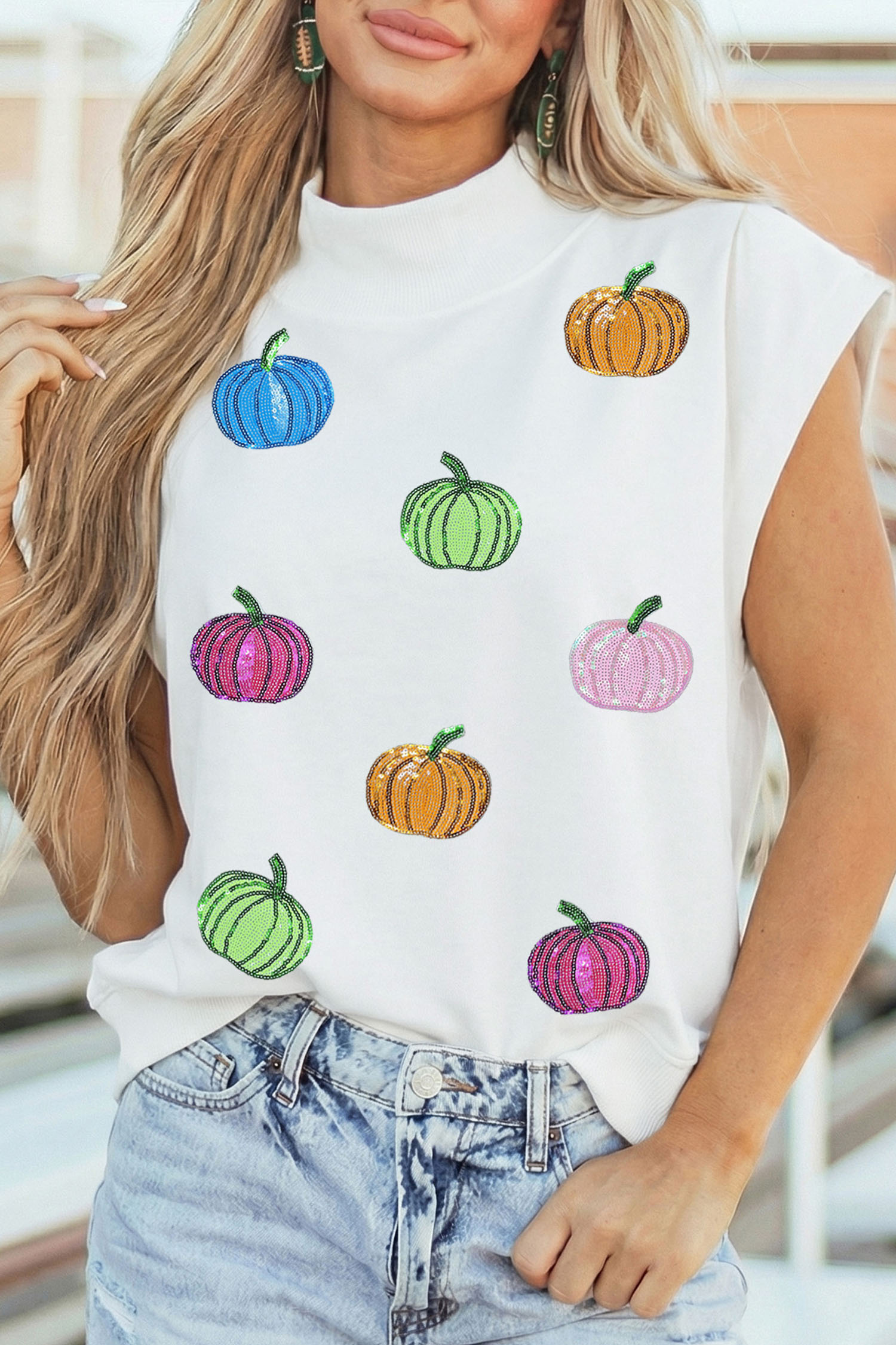 White Mock Neck Pumpkin Shirt, Casual Women's Sequin Apparel - Detail View 6 White Mock Neck Pumpkin Shirt, Casual Women's Sequin Apparel - Detail View 6