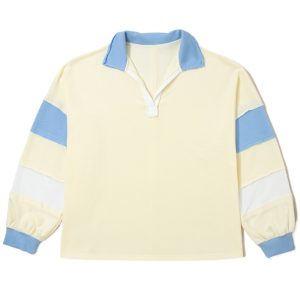Women's Yellow Cream Color Block V Neck Pullover – Cozy Plus Size Casual Top for Daily Wear - Main View