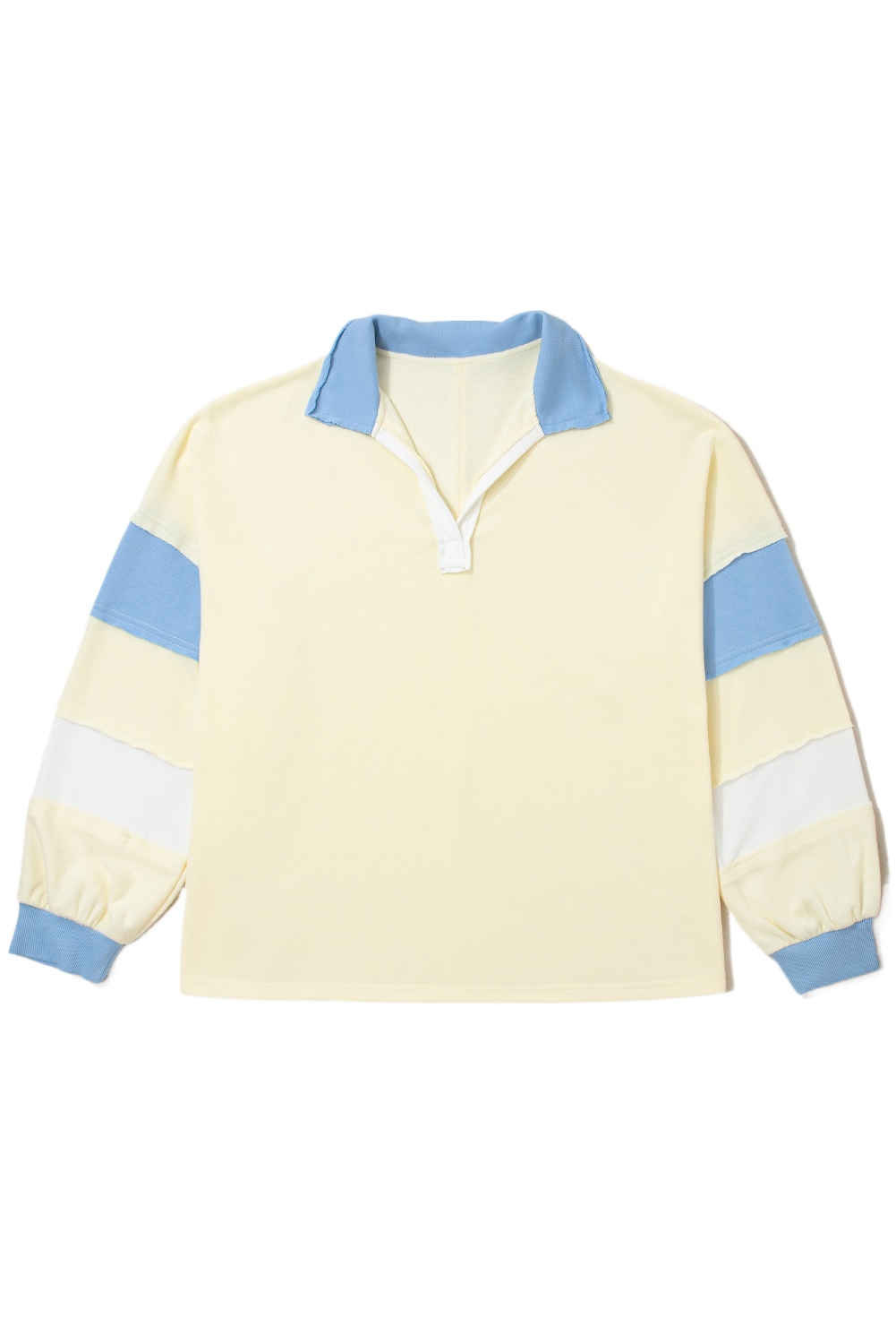 Women's Yellow Cream Color Block V Neck Pullover – Cozy Plus Size Casual Top for Daily Wear - Main View Women's Yellow Cream Color Block V Neck Pullover – Cozy Plus Size Casual Top for Daily Wear - Main View