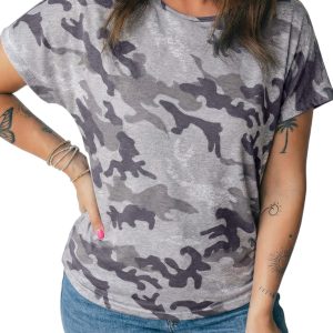 Women's Plus Size Gray Camo Print T-Shirt – Casual Short Sleeve Round Neck Tee for Daily Style - Main View