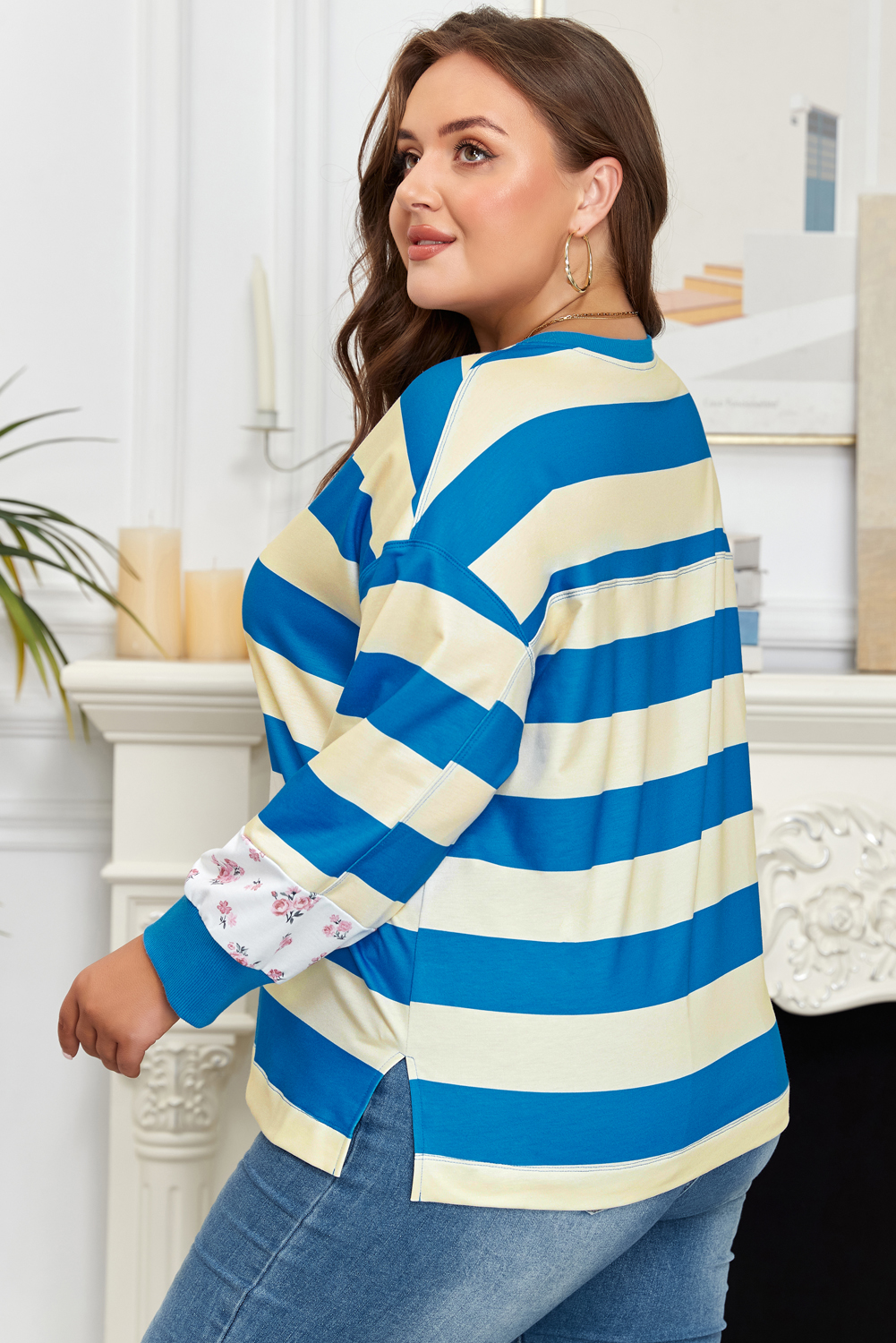 Casual Long Sleeve Pullover for Women - Blue Stripe and Floral Color Block - Detail View 2 Casual Long Sleeve Pullover for Women - Blue Stripe and Floral Color Block - Detail View 2