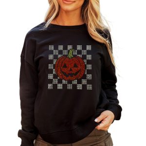Women's Black Rhinestone Jack-o-Lantern Checkered Graphic Halloween Sweatshirt - Main View