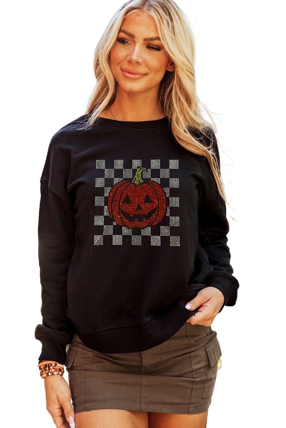 Women's Black Rhinestone Jack-o-Lantern Checkered Graphic Halloween Sweatshirt - Main View Women's Black Rhinestone Jack-o-Lantern Checkered Graphic Halloween Sweatshirt - Main View