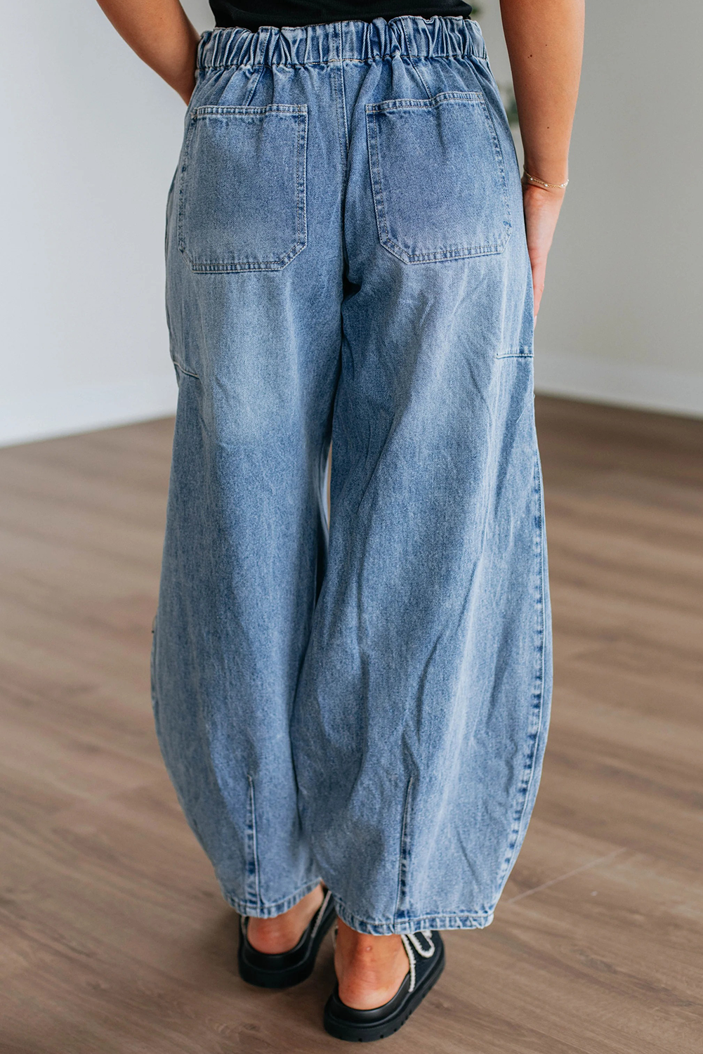 Casual Blue Denim Wide Leg Jeans with Drawstring and Patch Pockets - Detail View 2 Casual Blue Denim Wide Leg Jeans with Drawstring and Patch Pockets - Detail View 2