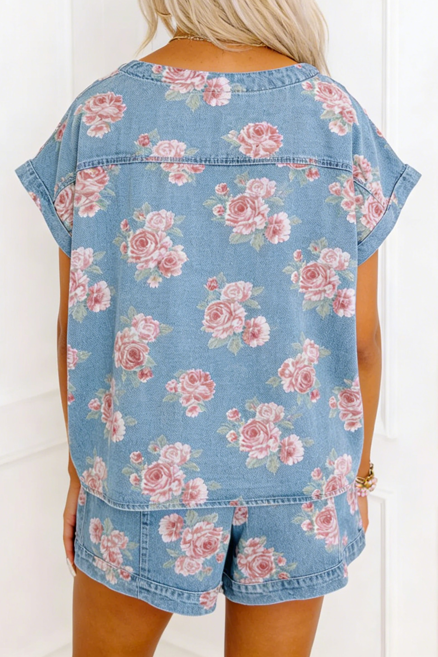 Sky Blue Floral Denim Women's Set – Relaxed Vacation Outfit - Detail View 2 Sky Blue Floral Denim Women's Set – Relaxed Vacation Outfit - Detail View 2