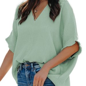 Women's Green Frayed Batwing Sleeve Cotton Blouse – Casual Summer Essential - Main View