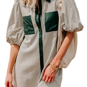 Women's Green Striped Mini Dress with Button Down and Puff Sleeves - Main View