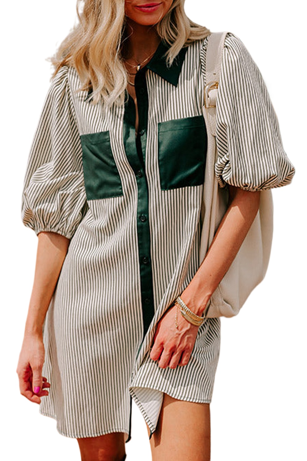 Women's Green Striped Mini Dress with Button Down and Puff Sleeves - Main View Women's Green Striped Mini Dress with Button Down and Puff Sleeves - Main View
