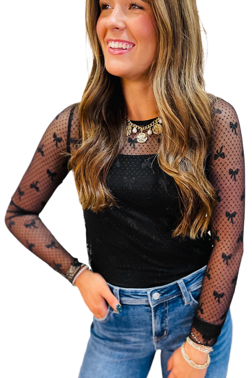 Women's Black Sheer Mesh Long Sleeve Top with Charming Bow Pattern - Main View Women's Black Sheer Mesh Long Sleeve Top with Charming Bow Pattern - Main View