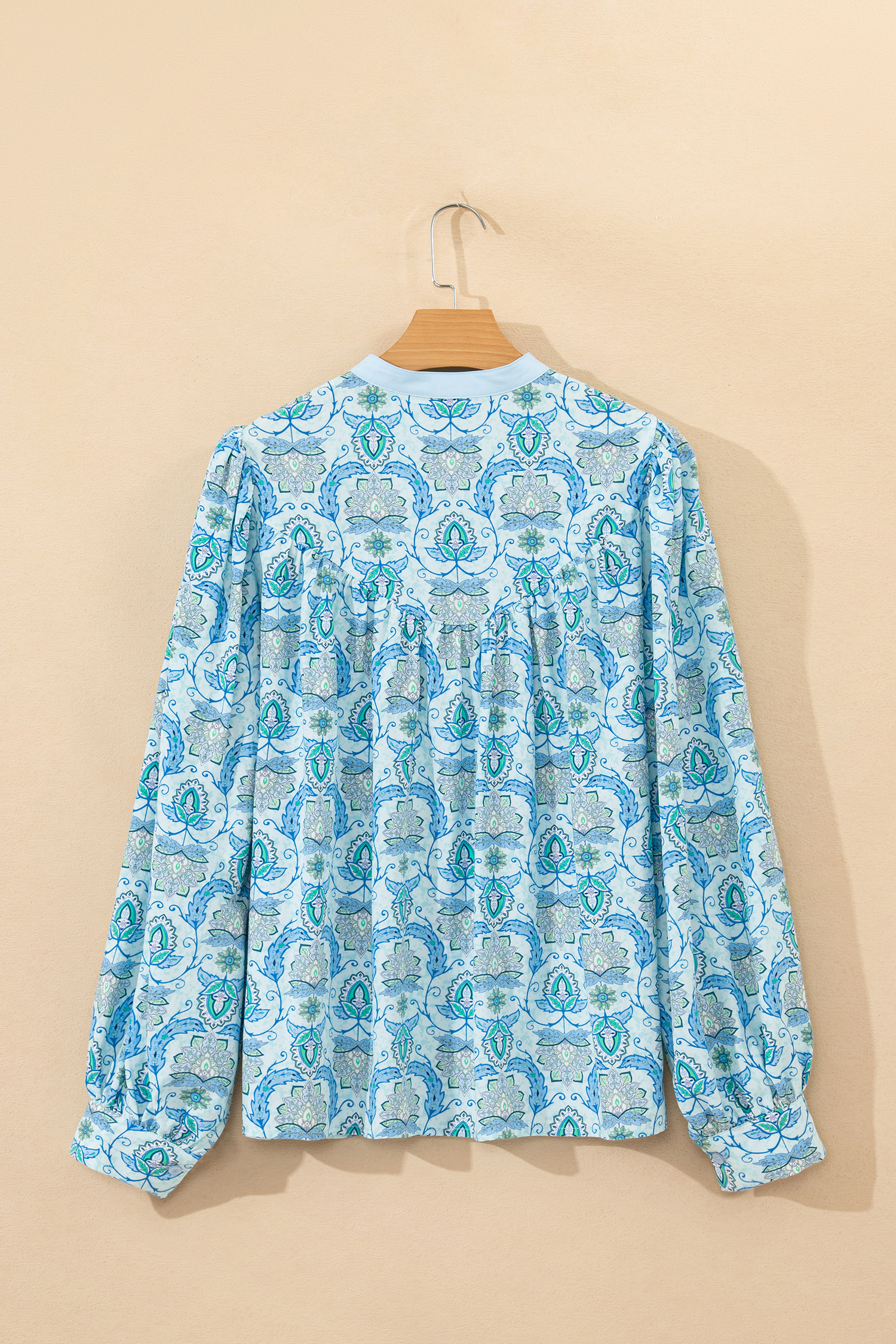 Bohemian Women's Loose Shirt with Sky Blue Paisley Print – Ideal for Spring Vacations - Detail View 5 Bohemian Women's Loose Shirt with Sky Blue Paisley Print – Ideal for Spring Vacations - Detail View 5