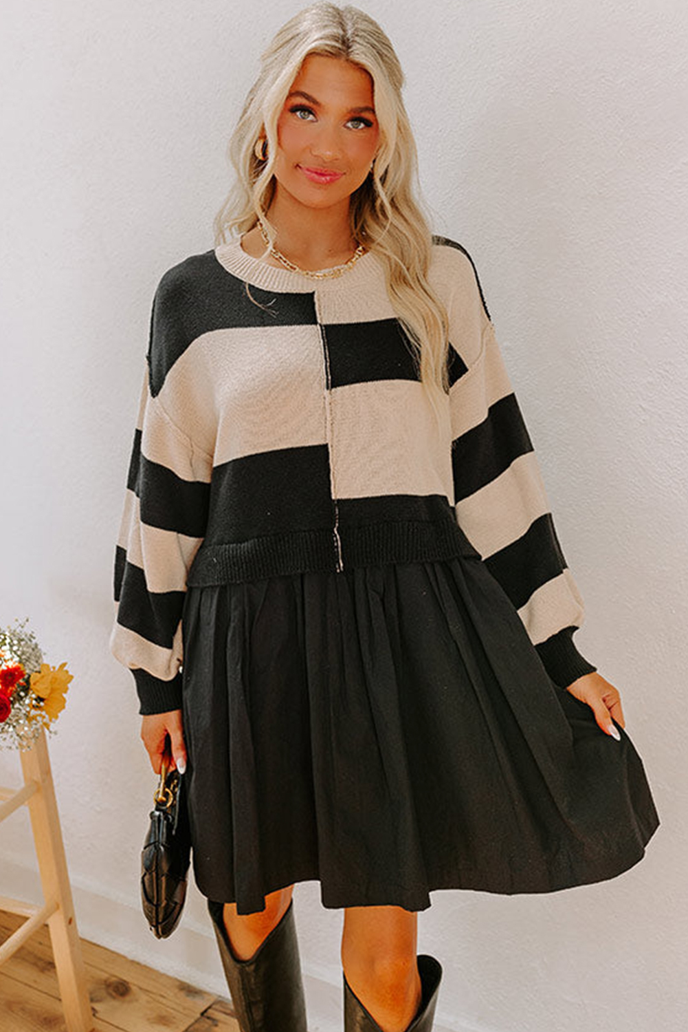 Women's Dress, Black Stripe, Two-in-One, Knitted Top, High Waist, Splicing Hem, Casual Style, Color Block, Long Sleeve, Daily Wear, Fall Fashion, Short Length, Shift Silhouette, Comfortable, Versatile Outfit - Detail View 8 Women's Dress, Black Stripe, Two-in-One, Knitted Top, High Waist, Splicing Hem, Casual Style, Color Block, Long Sleeve, Daily Wear, Fall Fashion, Short Length, Shift Silhouette, Comfortable, Versatile Outfit - Detail View 8