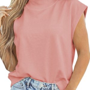 Women's Pink High Neck Cap Sleeve Top – Casual Loose Shift Blouse for Daily Wear - Main View