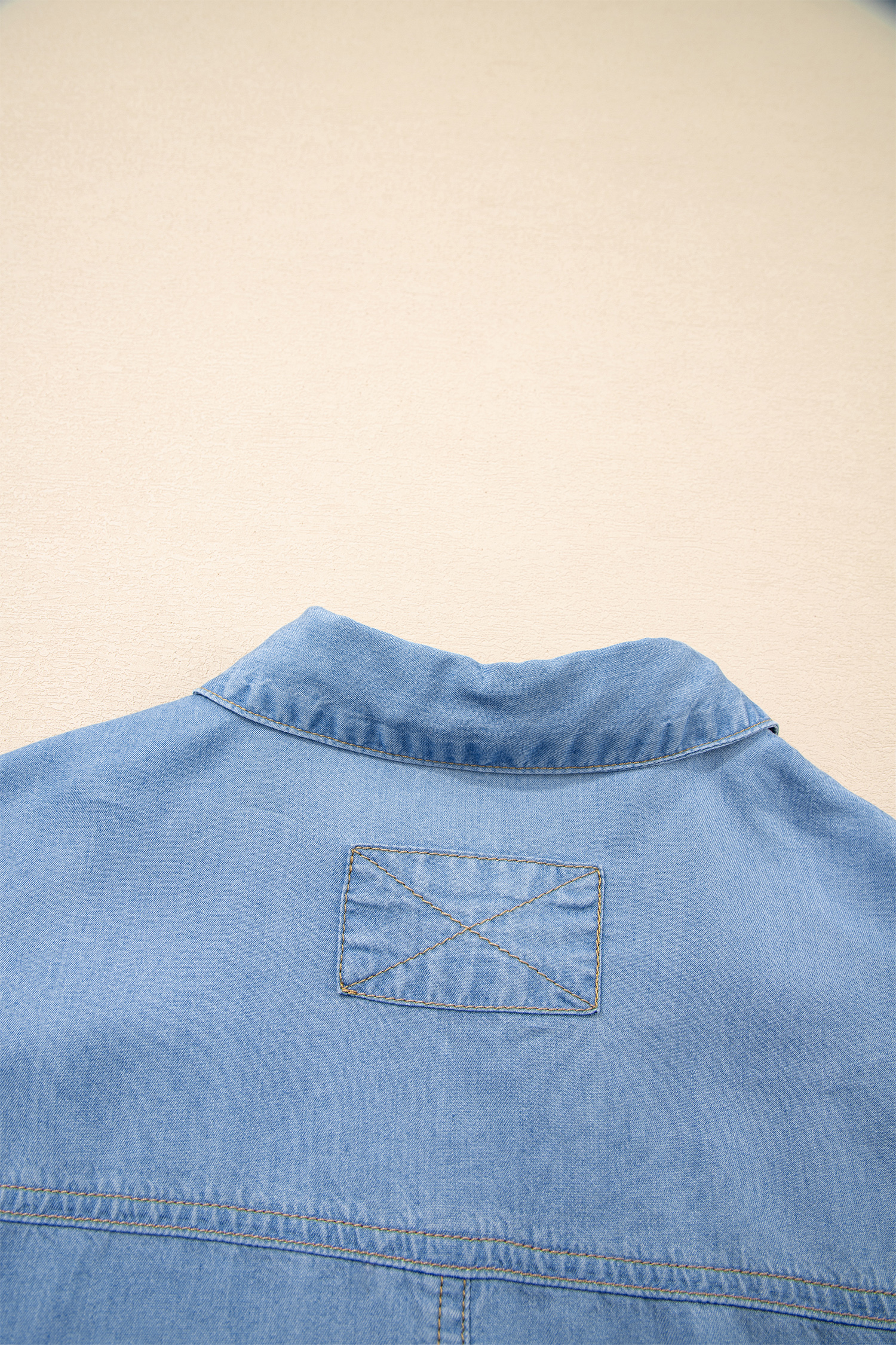 Women's Beau Blue Half Sleeve Chambray Shirt – Casual Ruffled High Low Design for Daily Wear - Detail View 7 Women's Beau Blue Half Sleeve Chambray Shirt – Casual Ruffled High Low Design for Daily Wear - Detail View 7