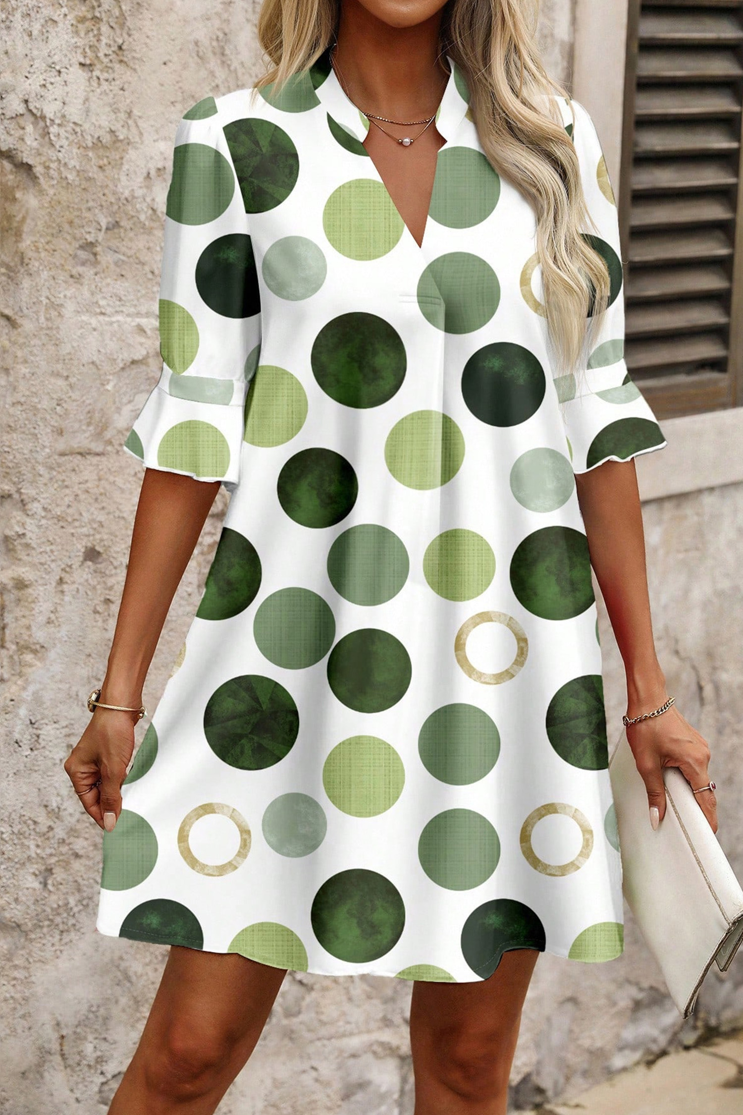 Women's V-Neck Polka Dot Mini Dress – Cute Vacation Gift - Detail View 3 Women's V-Neck Polka Dot Mini Dress – Cute Vacation Gift - Detail View 3