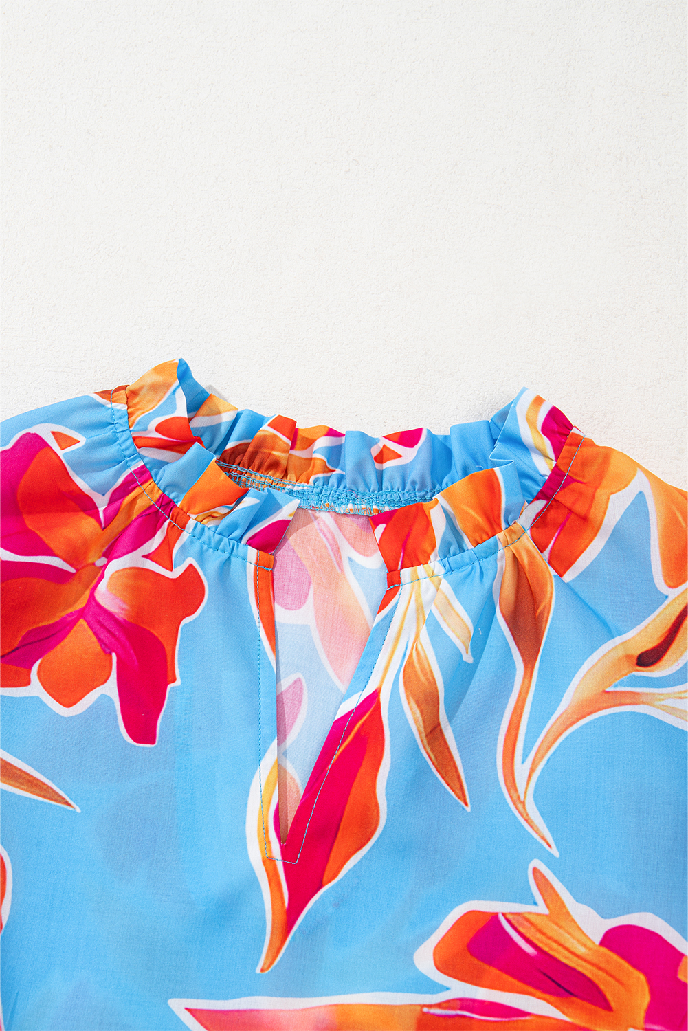 Women's Blouse, Sky Blue, Floral Print, V Neck, Pompom Trim, Flutter Sleeves, Casual Style, Summer Fashion, Feminine Look, Daily Wear, Breezy Feel, Elegant Design, Tops & Shirts - Detail View 4 Women's Blouse, Sky Blue, Floral Print, V Neck, Pompom Trim, Flutter Sleeves, Casual Style, Summer Fashion, Feminine Look, Daily Wear, Breezy Feel, Elegant Design, Tops & Shirts - Detail View 4