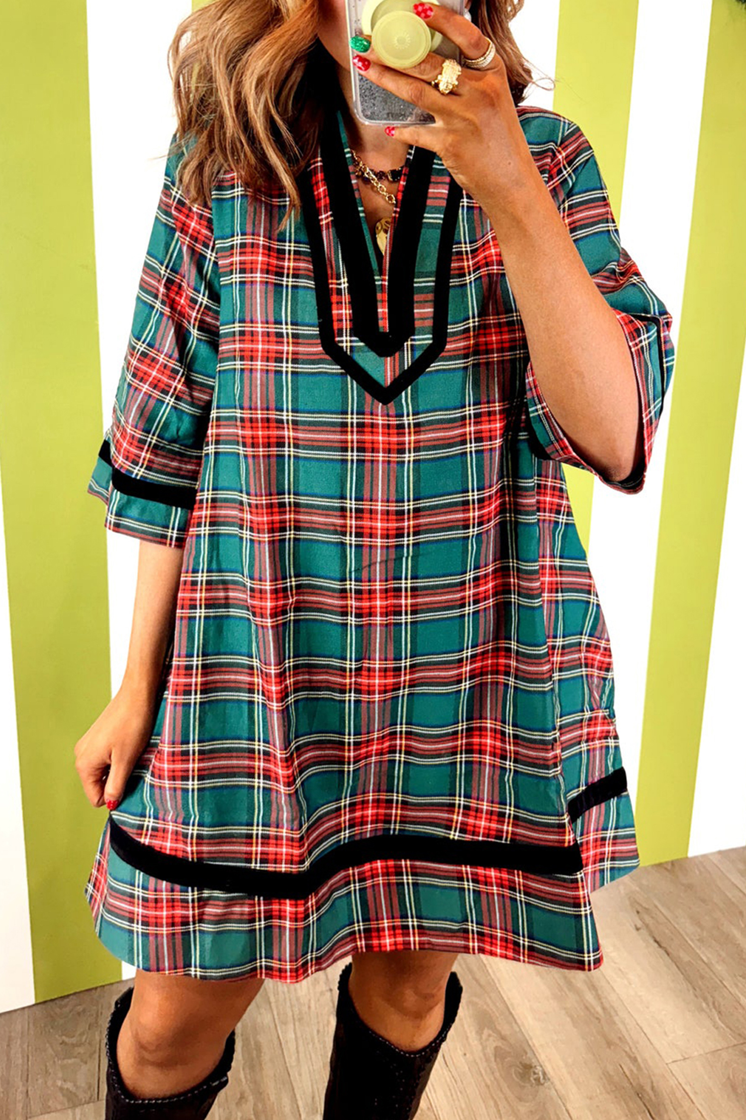 Festive Plaid Shift Dress, Women's Velvet Trim Autumn Daily - Detail View 2 Festive Plaid Shift Dress, Women's Velvet Trim Autumn Daily - Detail View 2