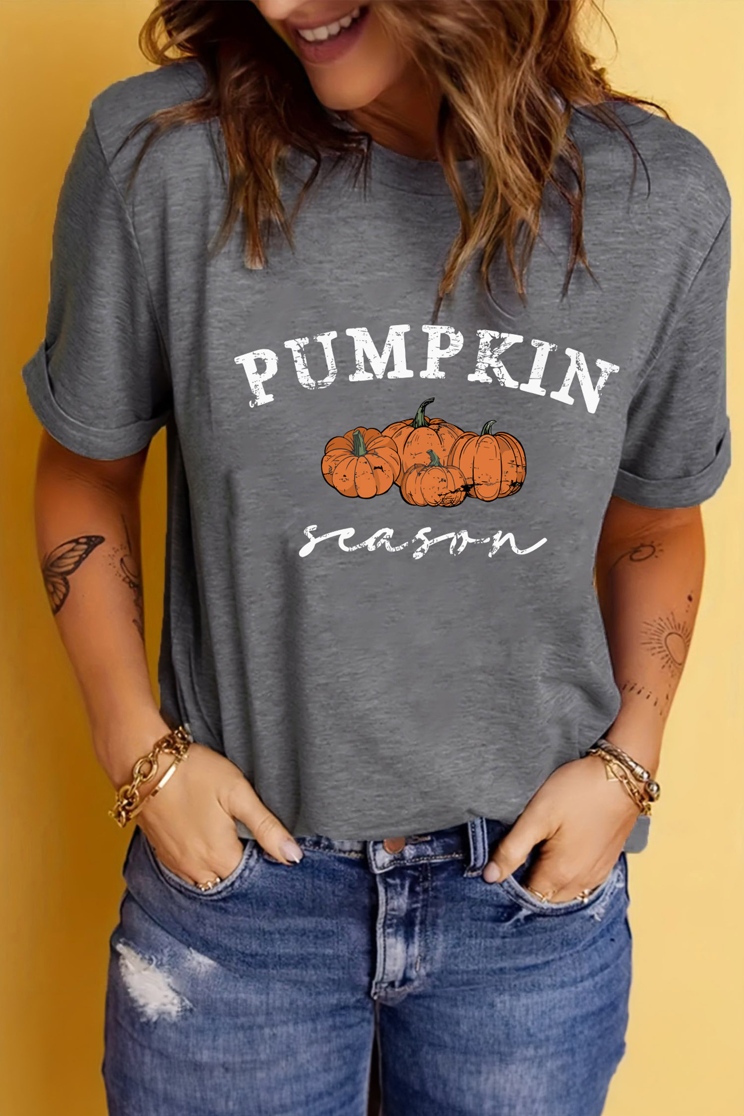 Fall Graphic Collection Round Neck Tee, Gray Women's Shirt - Detail View 8 Fall Graphic Collection Round Neck Tee, Gray Women's Shirt - Detail View 8