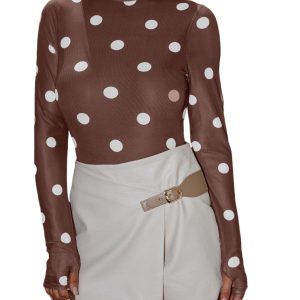Women's Brown Vintage Polka Dot Mesh Bodysuit – Elegant Long Sleeve for Night Out - Main View