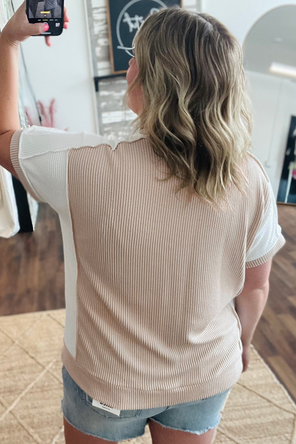 Stylish Plus Size Casual Summer Top - Parchment Colorblock with Hi Low Hem - Detail View 2 Stylish Plus Size Casual Summer Top - Parchment Colorblock with Hi Low Hem - Detail View 2