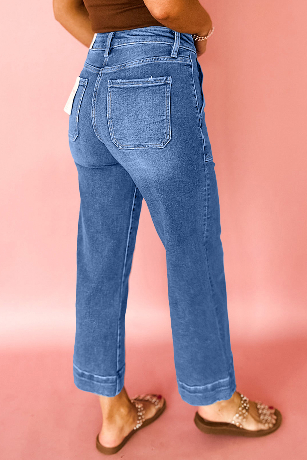 Trendy High Waist Cropped Jeans for Women - Sky Blue Wide Leg Design - Detail View 2 Trendy High Waist Cropped Jeans for Women - Sky Blue Wide Leg Design - Detail View 2