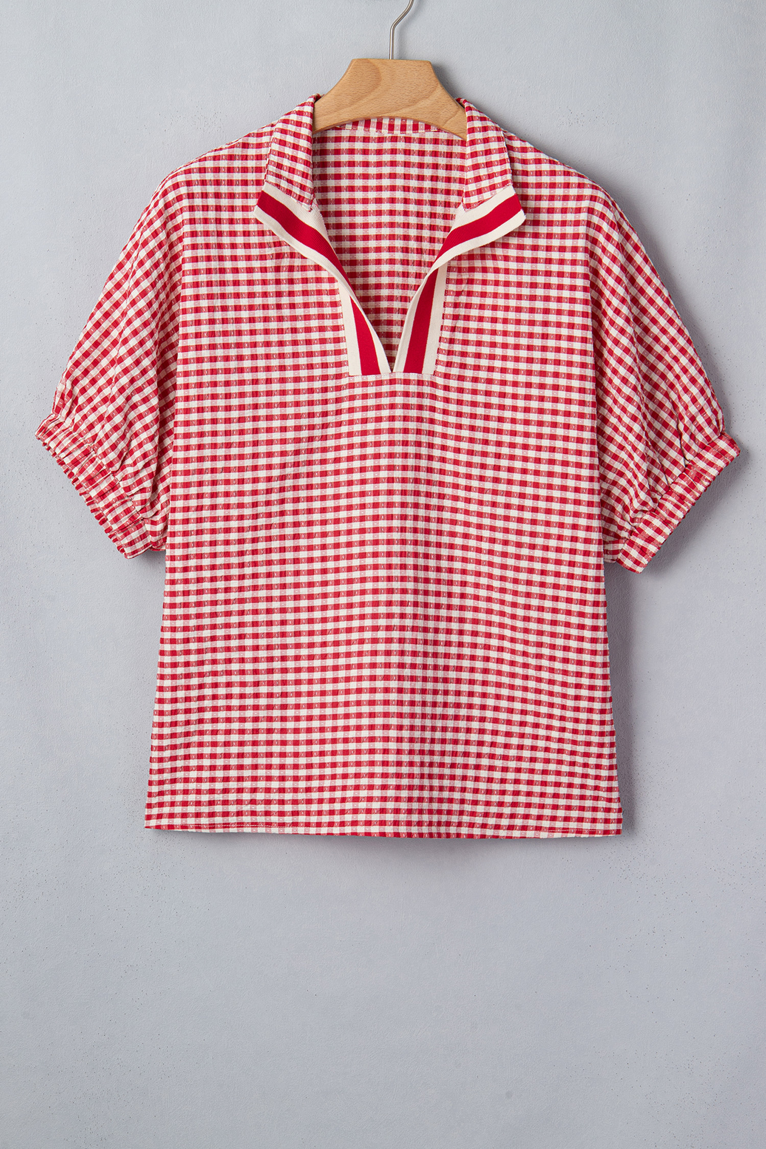Chic Plaid Split Neck Blouse for Women – Red Short Sleeve Colorblock Top, Versatile Gift for Her - Detail View 3 Chic Plaid Split Neck Blouse for Women – Red Short Sleeve Colorblock Top, Versatile Gift for Her - Detail View 3