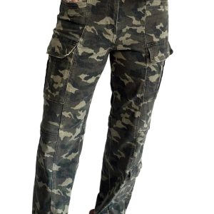 Women's Camouflage Print Denim Pants – High Waist Multi-Pocket Cargo Jeans, Casual Daily Wear - Main View