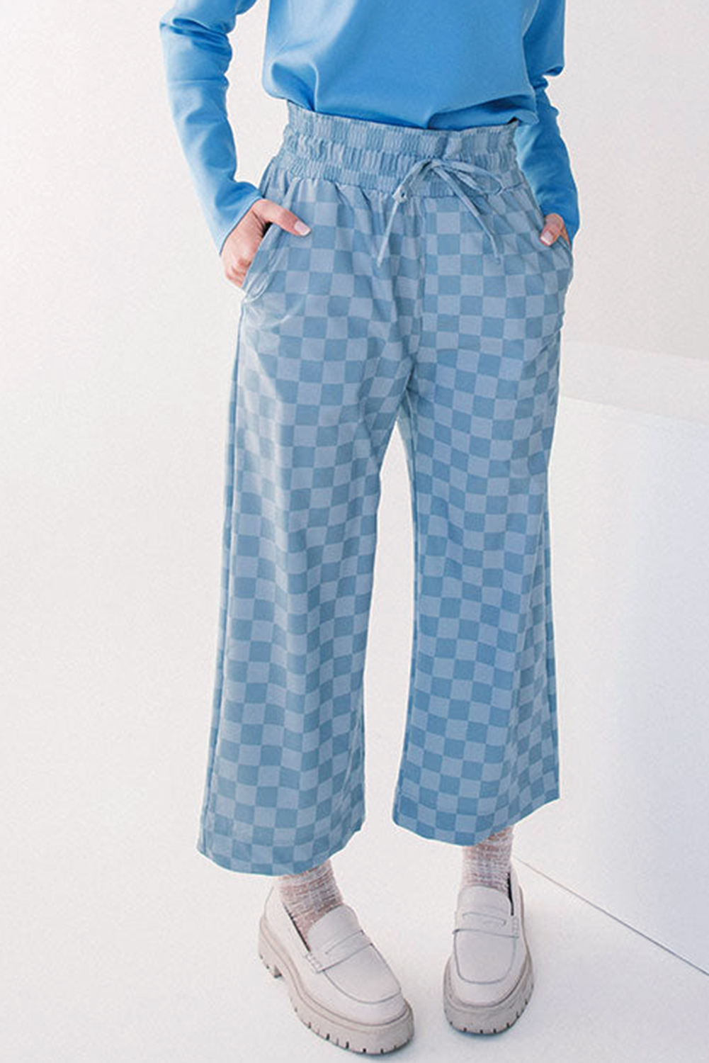 Wide Leg Plaid Casual Pants, Trendy Sky Blue High Waist - Detail View 5 Wide Leg Plaid Casual Pants, Trendy Sky Blue High Waist - Detail View 5