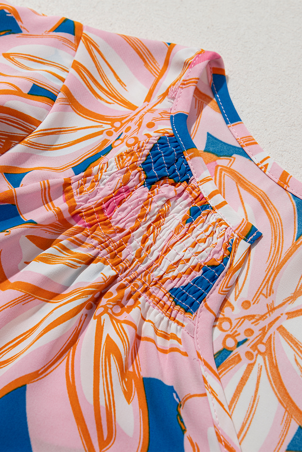 Charming Women's Orange Summer Flower Print Blouse with Ruffle Sleeves - Detail View 13 Charming Women's Orange Summer Flower Print Blouse with Ruffle Sleeves - Detail View 13