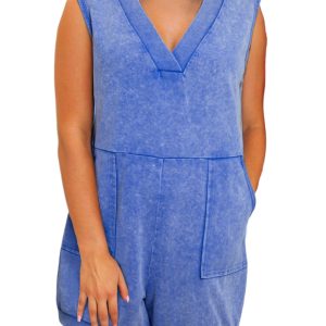 Women's Sky Blue Mineral Wash Sleeveless V Neck Loose Romper with Pockets - Main View
