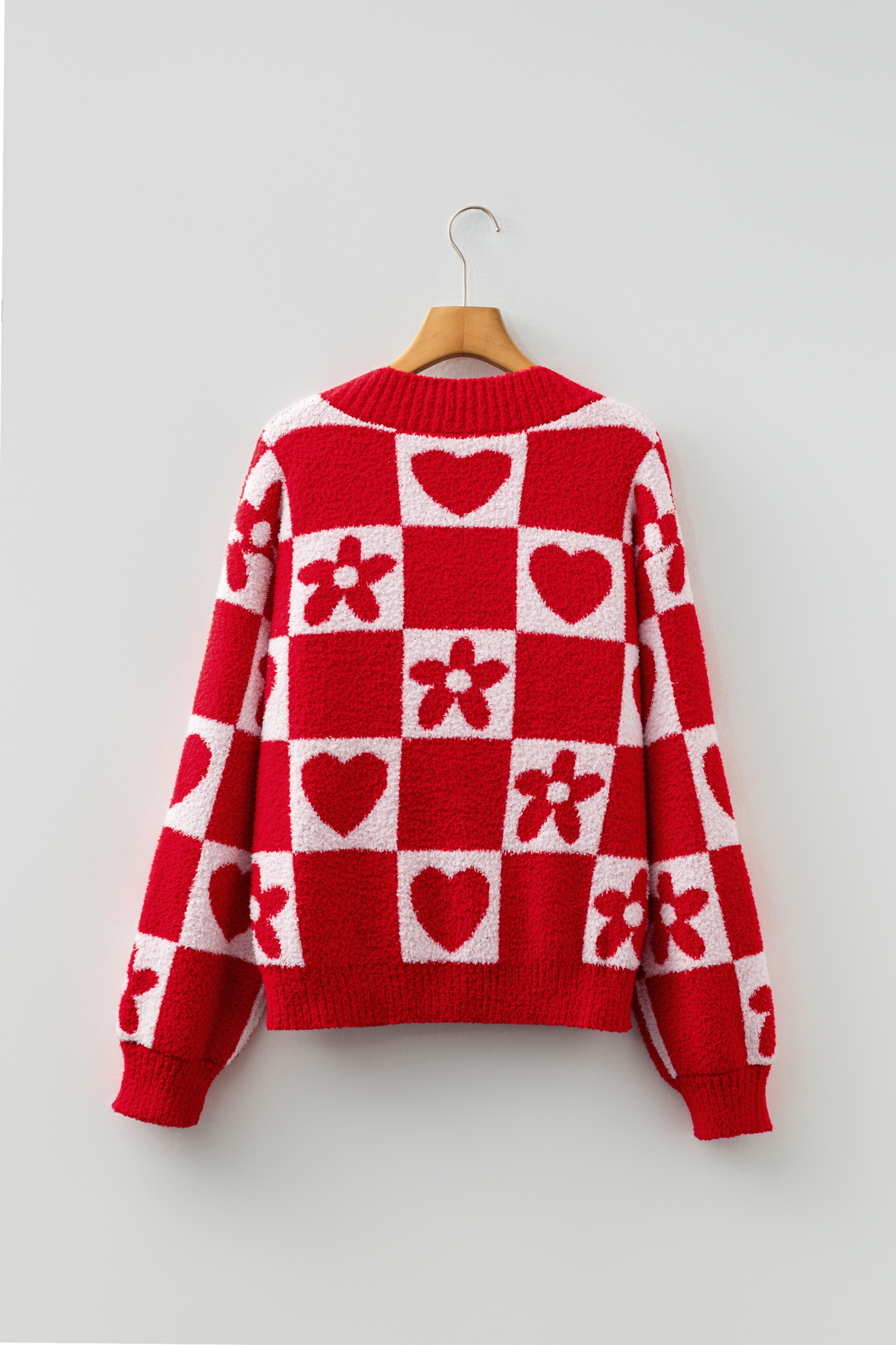 Valentine's Day Loose Plaid Sweater for Women in Fiery Red Floral Knit - Detail View 5 Valentine's Day Loose Plaid Sweater for Women in Fiery Red Floral Knit - Detail View 5