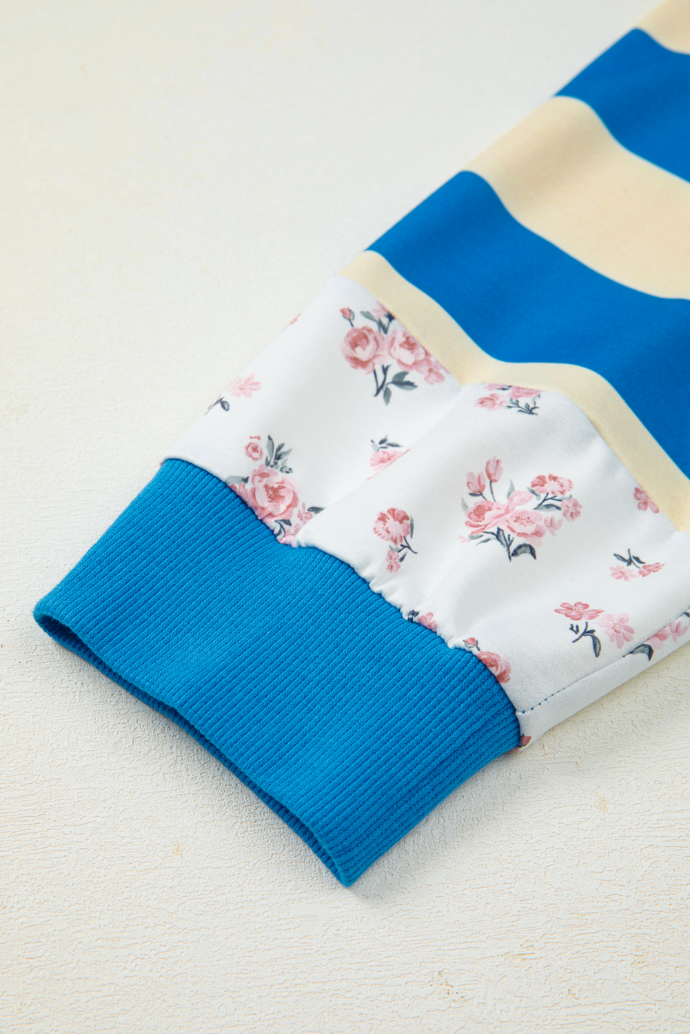 Plus Size Blue Stripe Floral Color Block Drop Shoulder Pullover Top - Detail View 13 Plus Size Blue Stripe Floral Color Block Drop Shoulder Pullover Top - Detail View 13