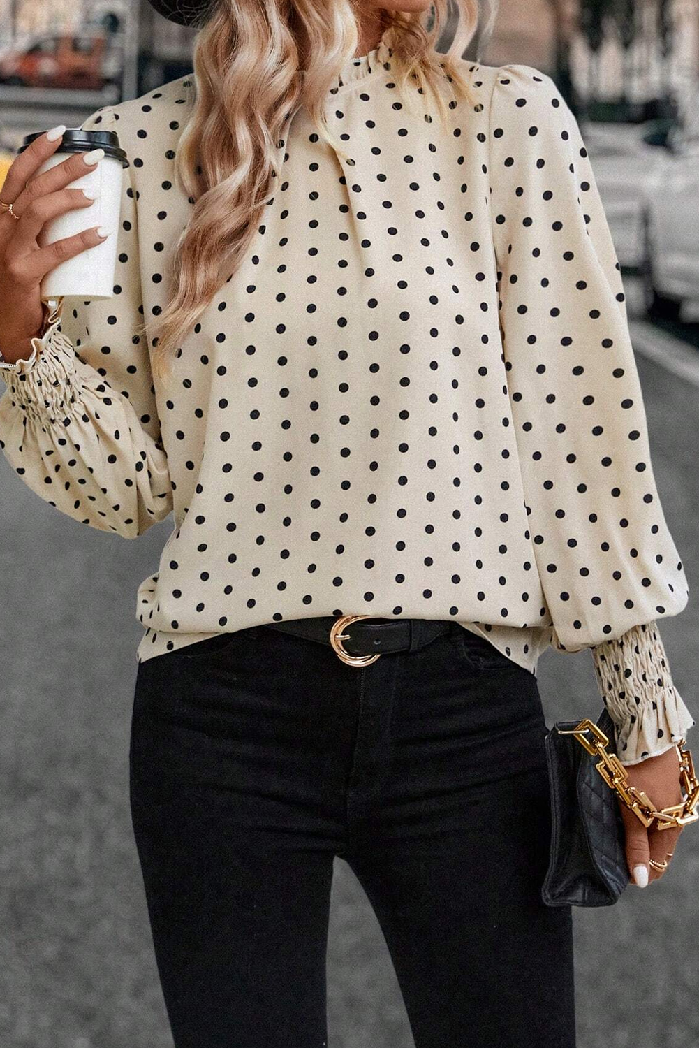 Women's Blouse, Apricot Color, Polka Dot Print, Frilled Collar, Lantern Sleeves, Elegant Style, Lightweight Fabric, Comfortable, Daily Wear, Spring Fashion, Shift Silhouette, Trendy Design, Tops & Shirts - Detail View 4 Women's Blouse, Apricot Color, Polka Dot Print, Frilled Collar, Lantern Sleeves, Elegant Style, Lightweight Fabric, Comfortable, Daily Wear, Spring Fashion, Shift Silhouette, Trendy Design, Tops & Shirts - Detail View 4