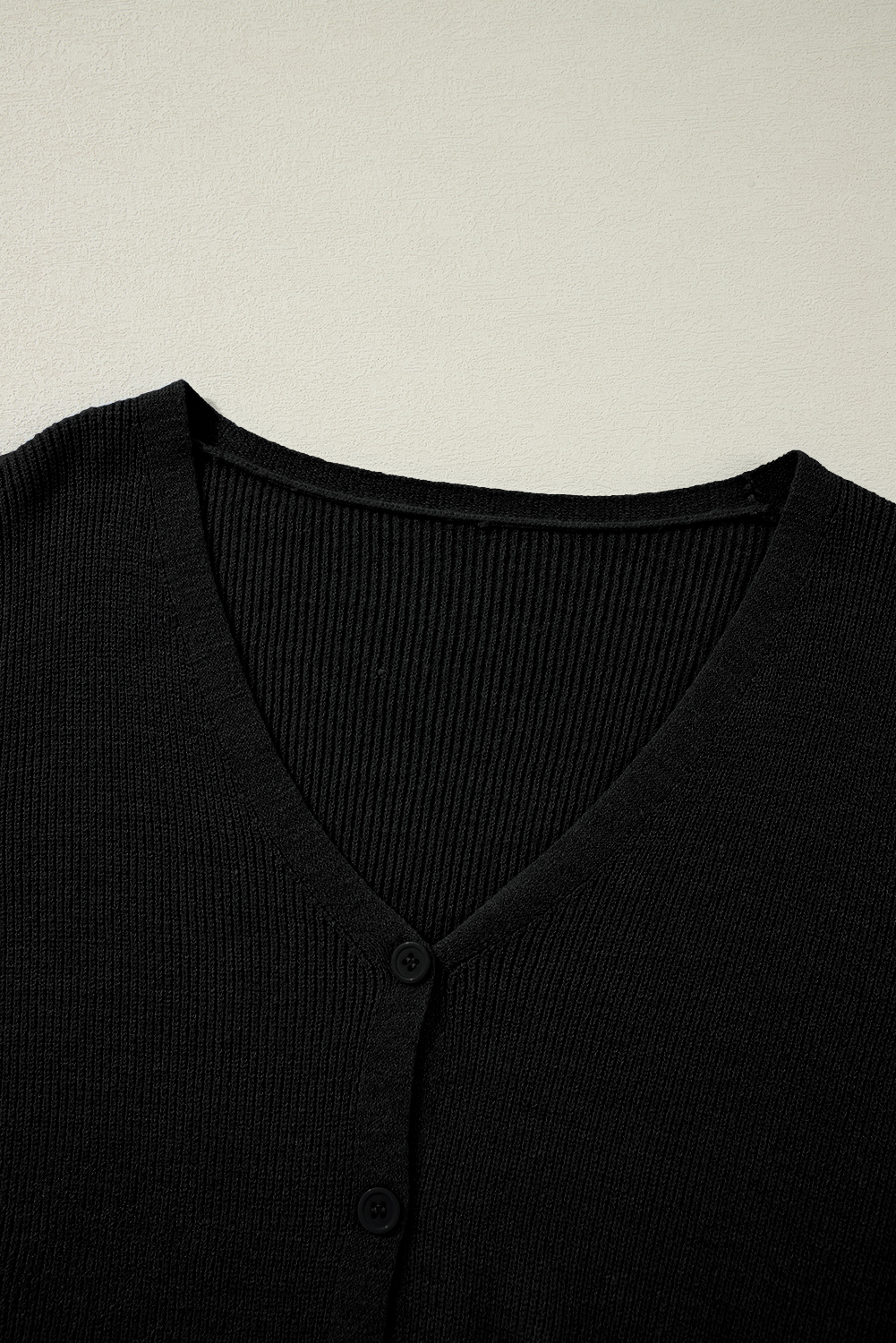 Women's Black Lightweight Ribbed Knit Button Front V Neck Cardigan for Daily Casual Wear - Detail View 13 Women's Black Lightweight Ribbed Knit Button Front V Neck Cardigan for Daily Casual Wear - Detail View 13