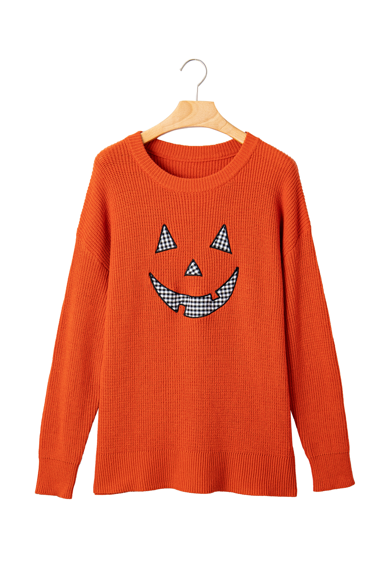 Women's Halloween Pumpkin Sweater, Orange Long Sleeve Knit - Detail View 7 Women's Halloween Pumpkin Sweater, Orange Long Sleeve Knit - Detail View 7