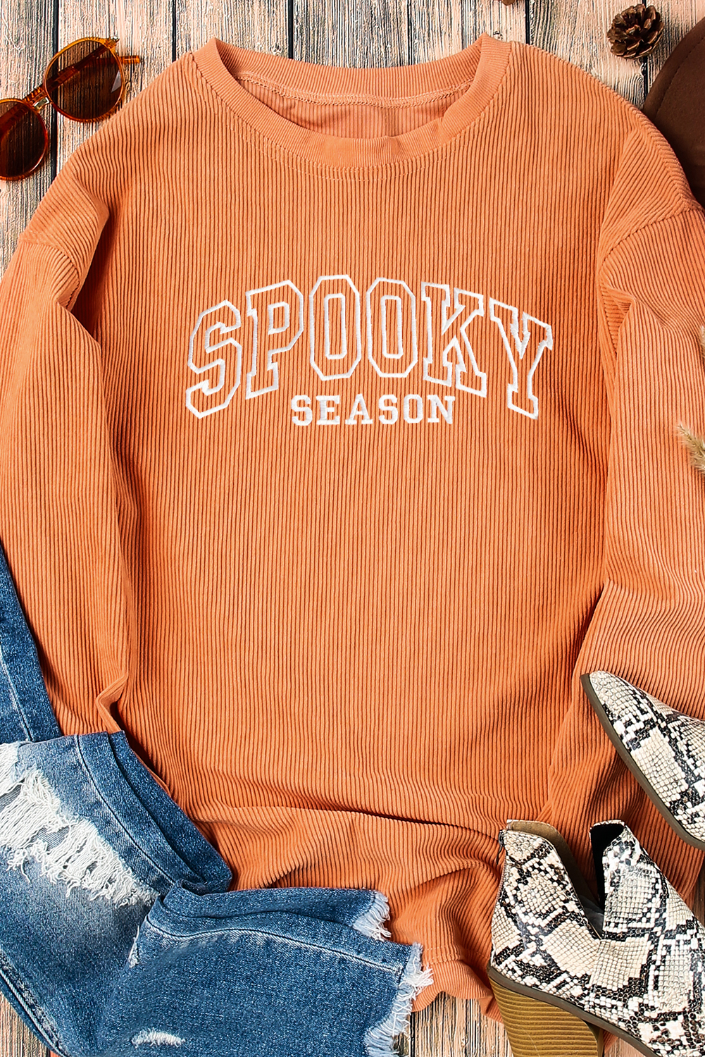 Casual Long Sleeve Round Neck Sweatshirt - Spooky Season Letter Graphic in Orange - Detail View 2 Casual Long Sleeve Round Neck Sweatshirt - Spooky Season Letter Graphic in Orange - Detail View 2