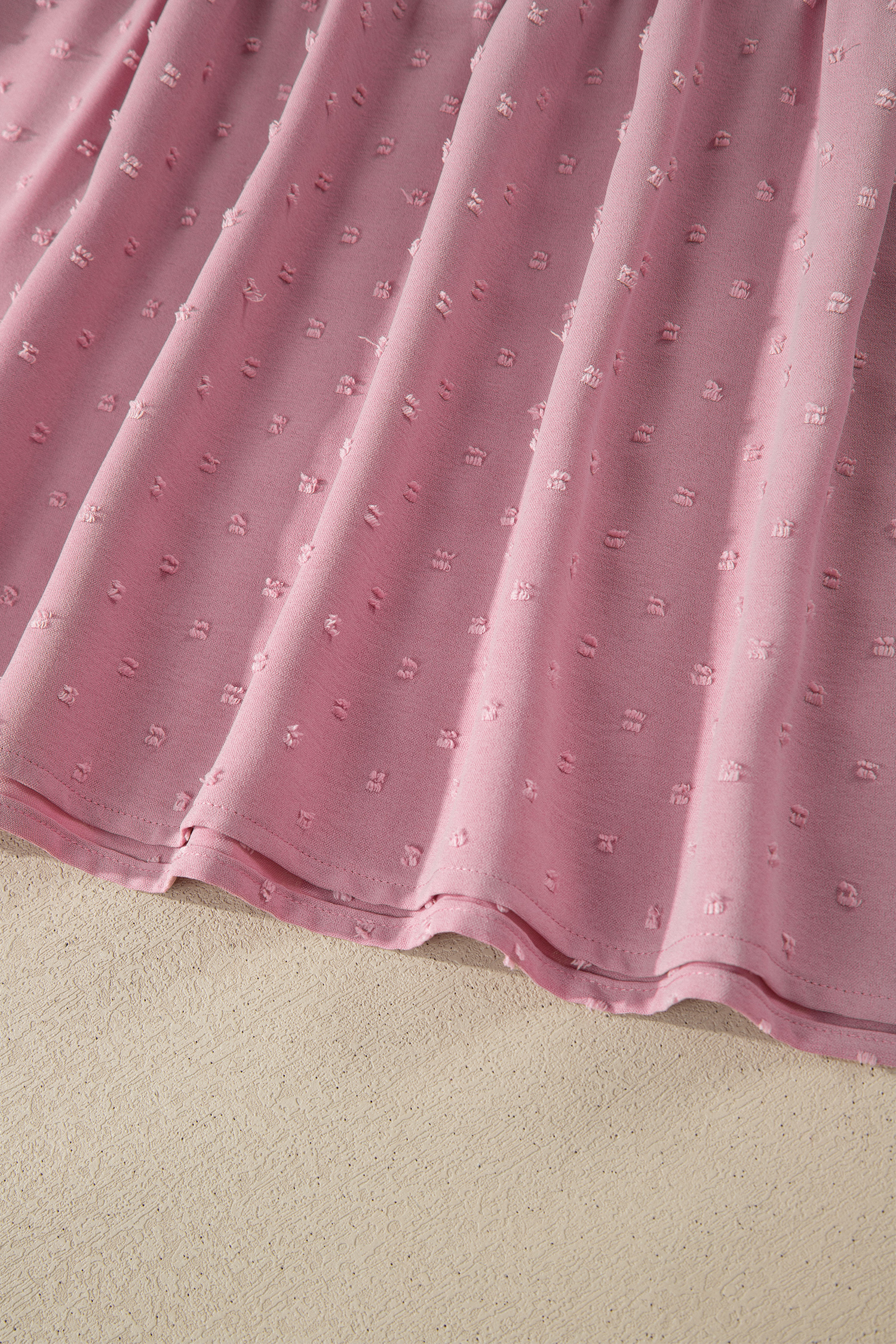 Plus Size Summer Midi Dress – Pink Swiss Dot Shift Dress with Smocked Waist for Daily Wear - Detail View 12 Plus Size Summer Midi Dress – Pink Swiss Dot Shift Dress with Smocked Waist for Daily Wear - Detail View 12