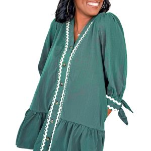 Canton Contrast Ricrac Trim Button V Neck Knotted Bracelet Sleeve Shift Dress for Women - Main View