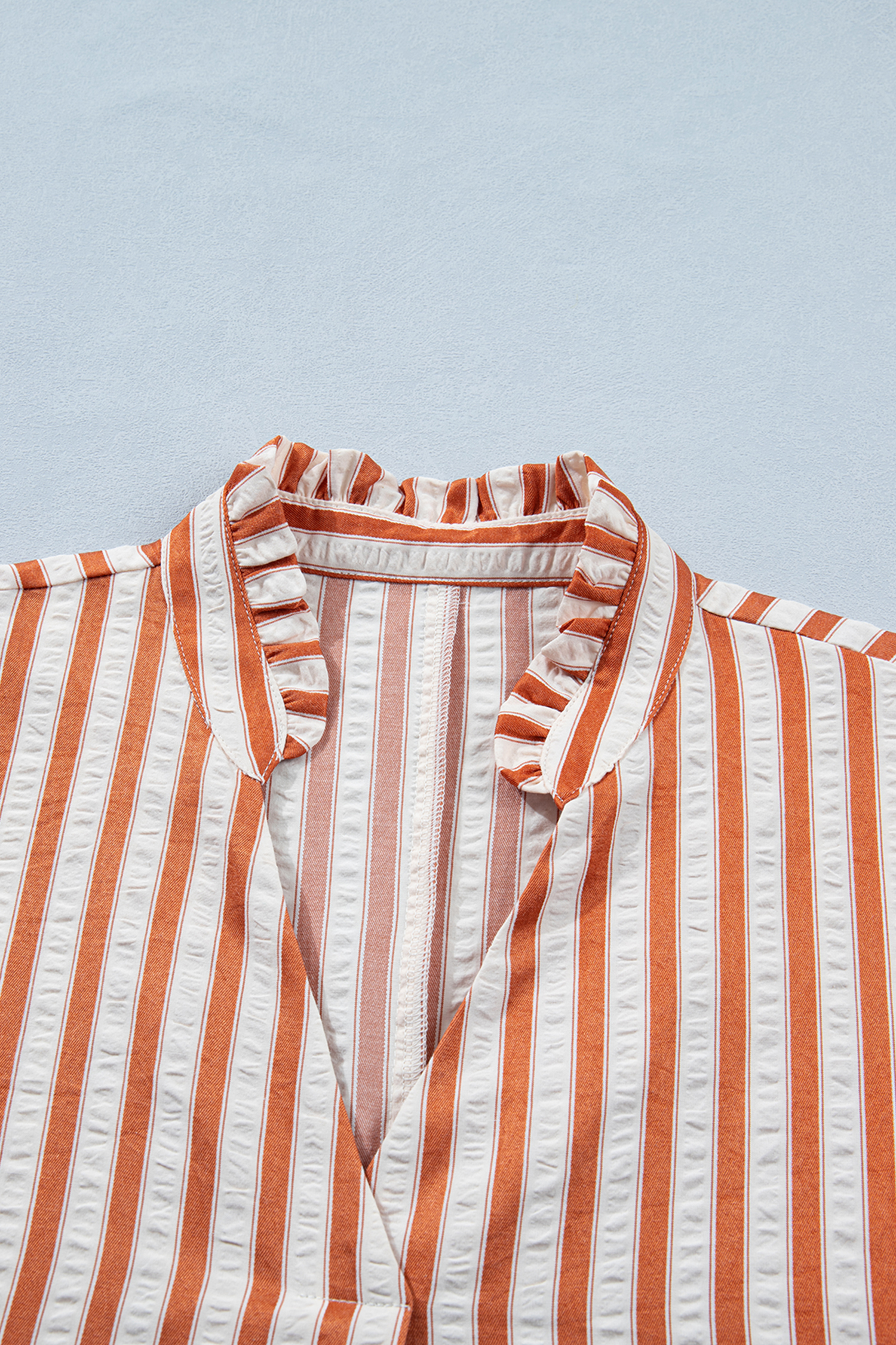 Women's Brown Stripe V Neck Shift Mini Dress – Casual Summer Style with Turn-up Cuffs - Detail View 7 Women's Brown Stripe V Neck Shift Mini Dress – Casual Summer Style with Turn-up Cuffs - Detail View 7