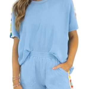 Women's Mist Blue Crochet 2-Piece Short Set – Casual High Waist Summer Lounge Outfit - Main View