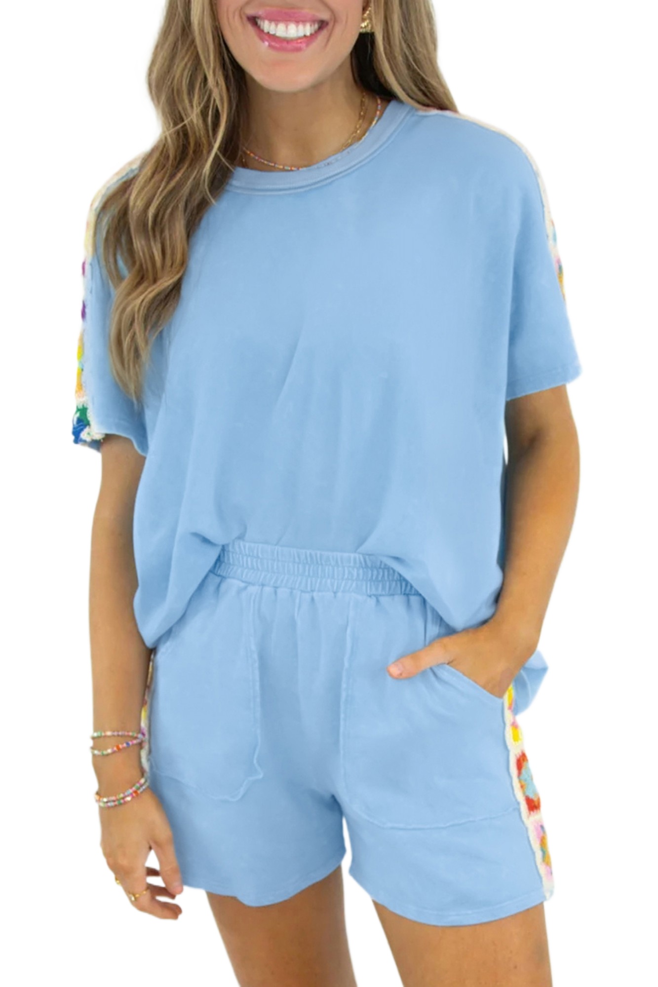 Women's Mist Blue Crochet 2-Piece Short Set – Casual High Waist Summer Lounge Outfit - Main View Women's Mist Blue Crochet 2-Piece Short Set – Casual High Waist Summer Lounge Outfit - Main View